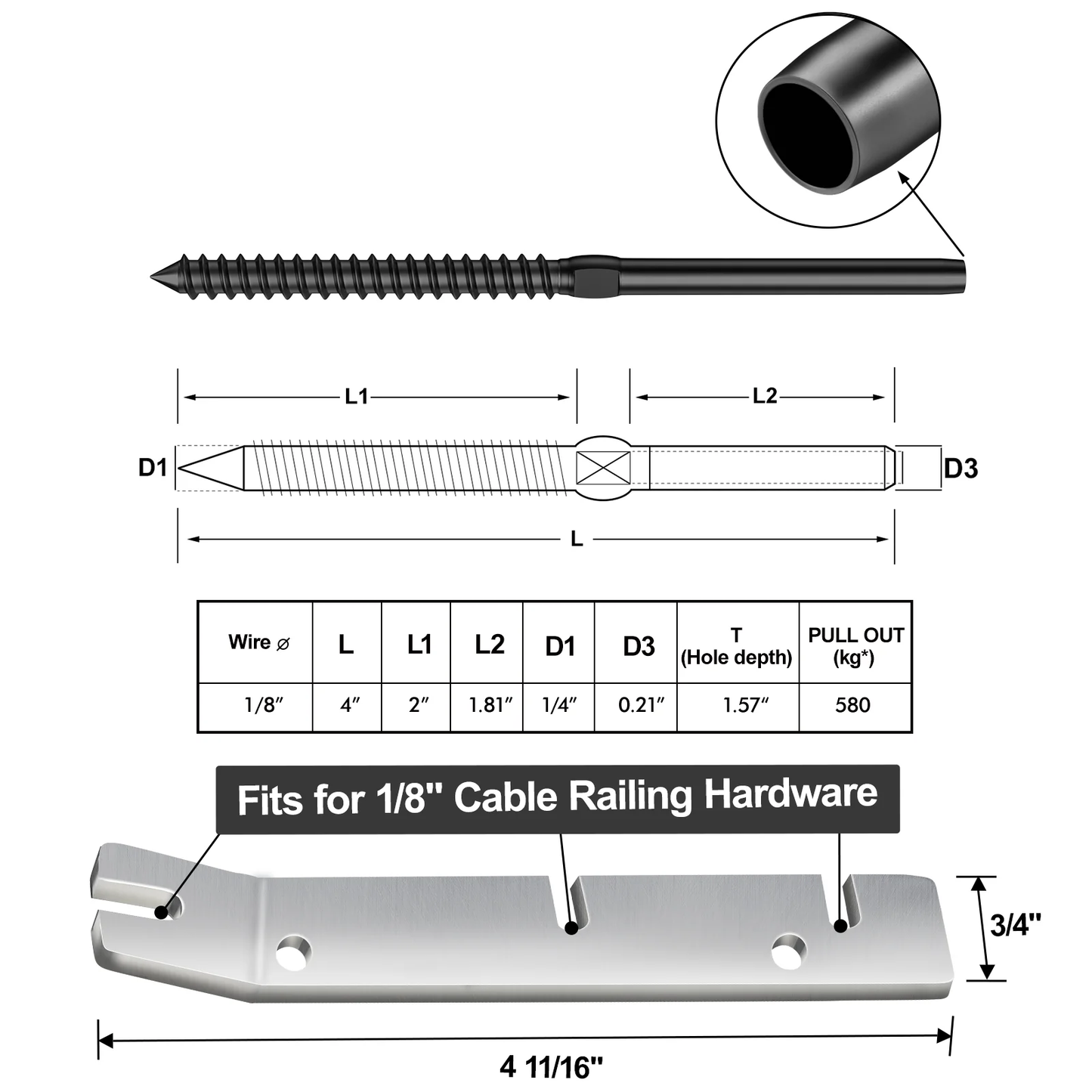 Cablura Black Swage Lag Screws for 1/8" Cable Railing