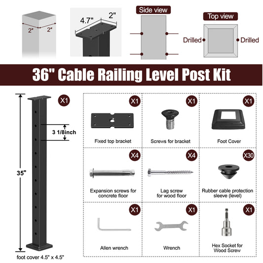 Cablura 36" Level Drilled Cable Railing Post