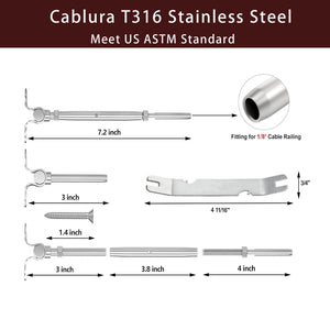 Cablura 1/8" Cable Railing Kit with Swage Toggle Turnbuckle, T316 Stainless Steel for Wood Posts