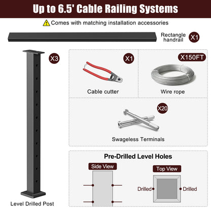 Cablura 36" Black Cable Railing Kit, 6.5ft Level Surface Mount DIY Complete System