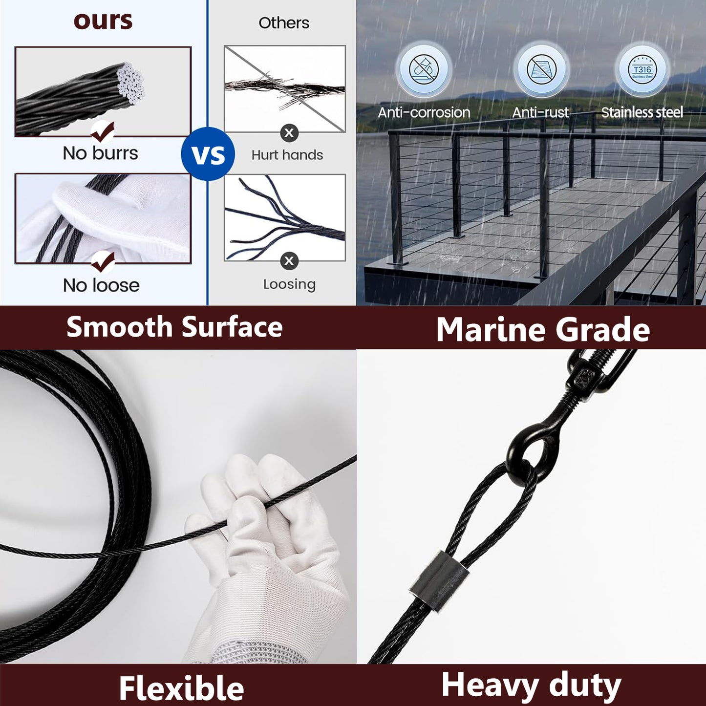 Cablura T316 1/8" Black Stainless Steel Wire Rope for Cable Railing