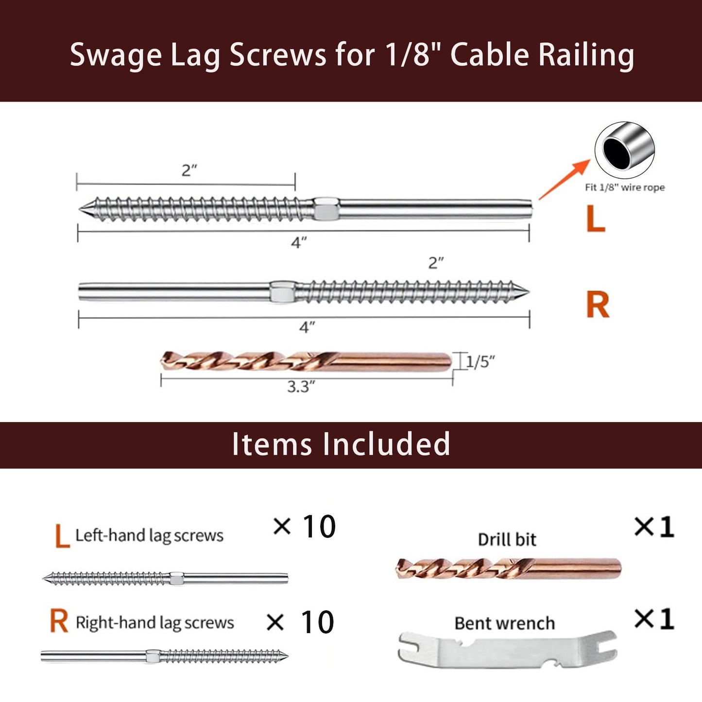 Cablura Swage Lag Screws for 1/8" Cable Railing