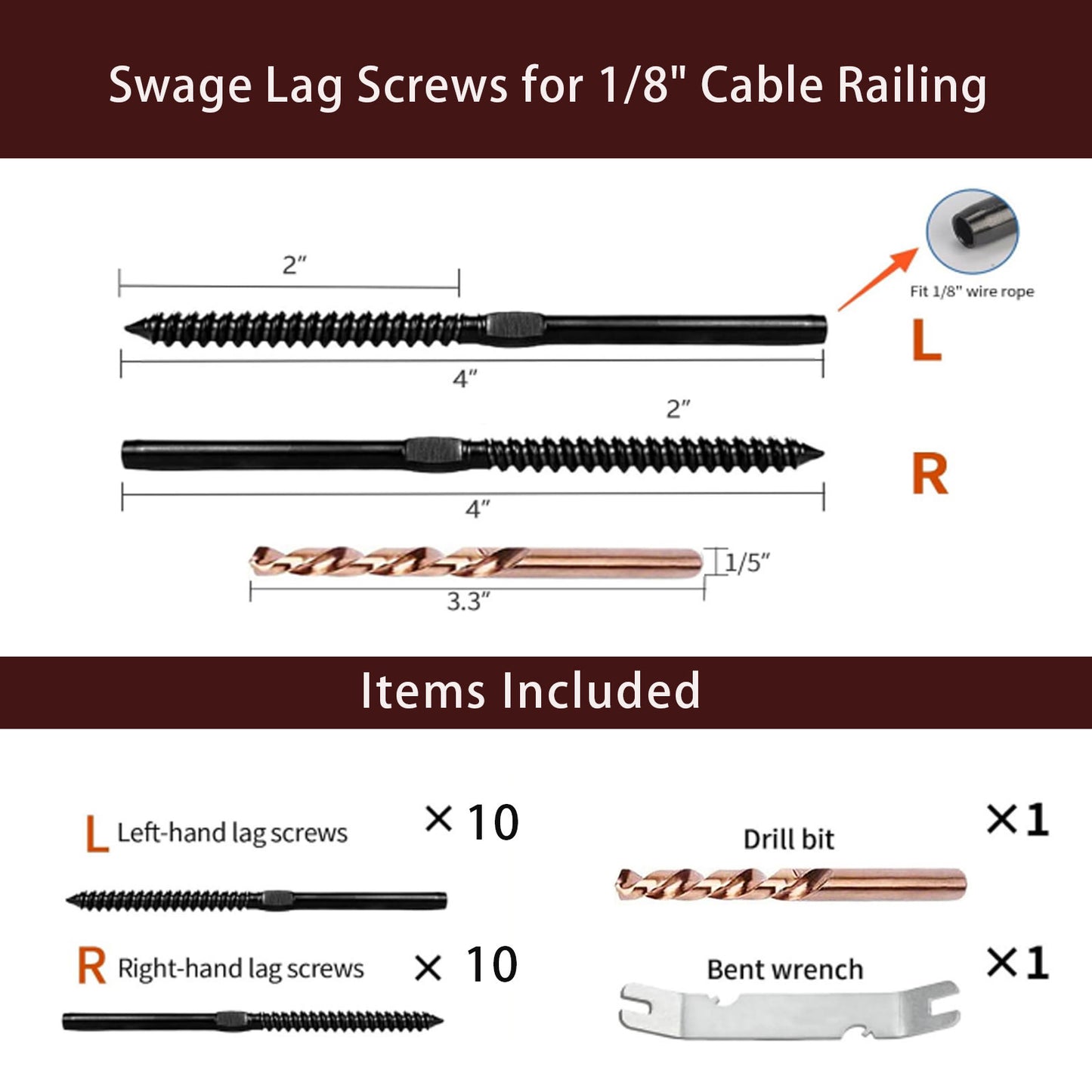 Cablura Black Swage Lag Screws for 1/8" Cable Railing