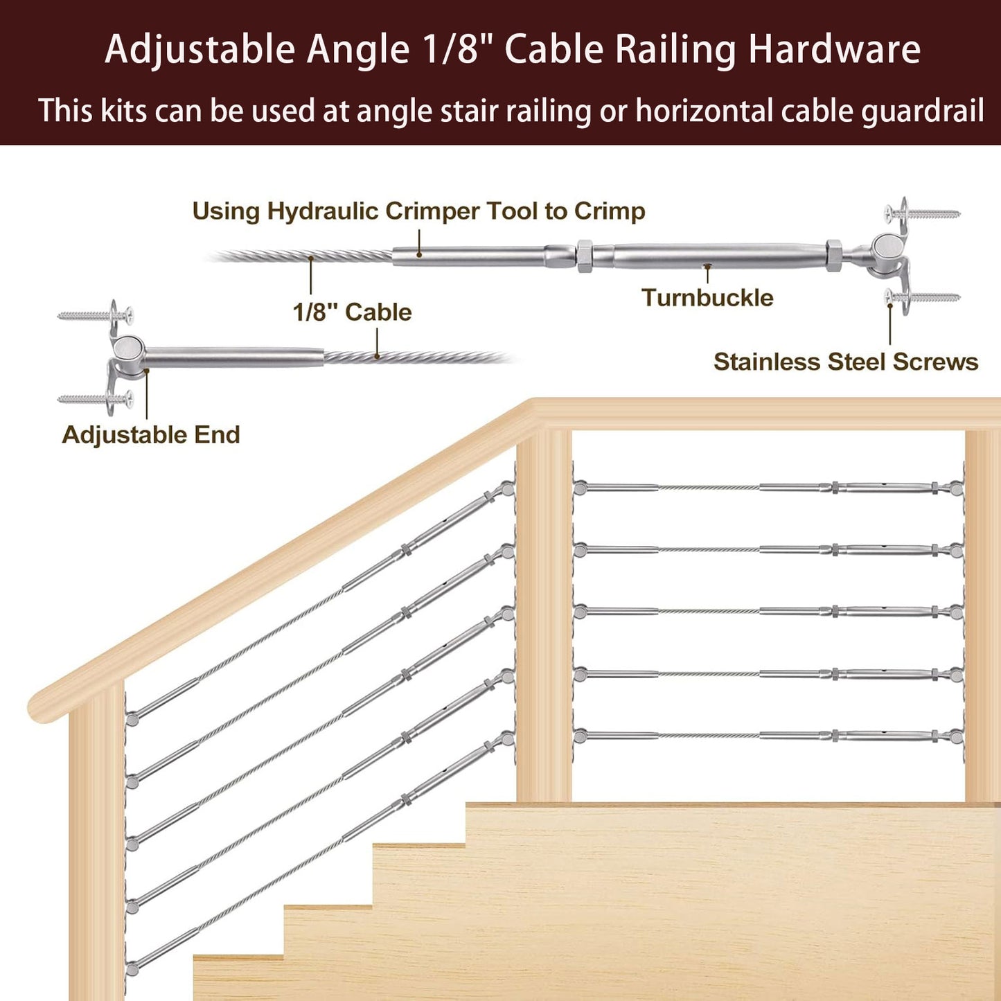 Cablura 1/8" Cable Railing Kit with Swage Toggle Turnbuckle, T316 Stainless Steel for Wood Posts