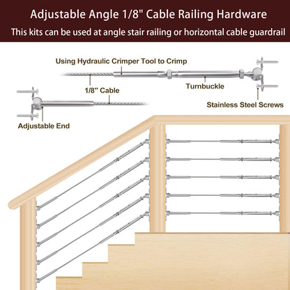 Cablura 1/8" Cable Railing Kit with Swage Toggle Turnbuckle, T316 Stainless Steel for Wood Posts