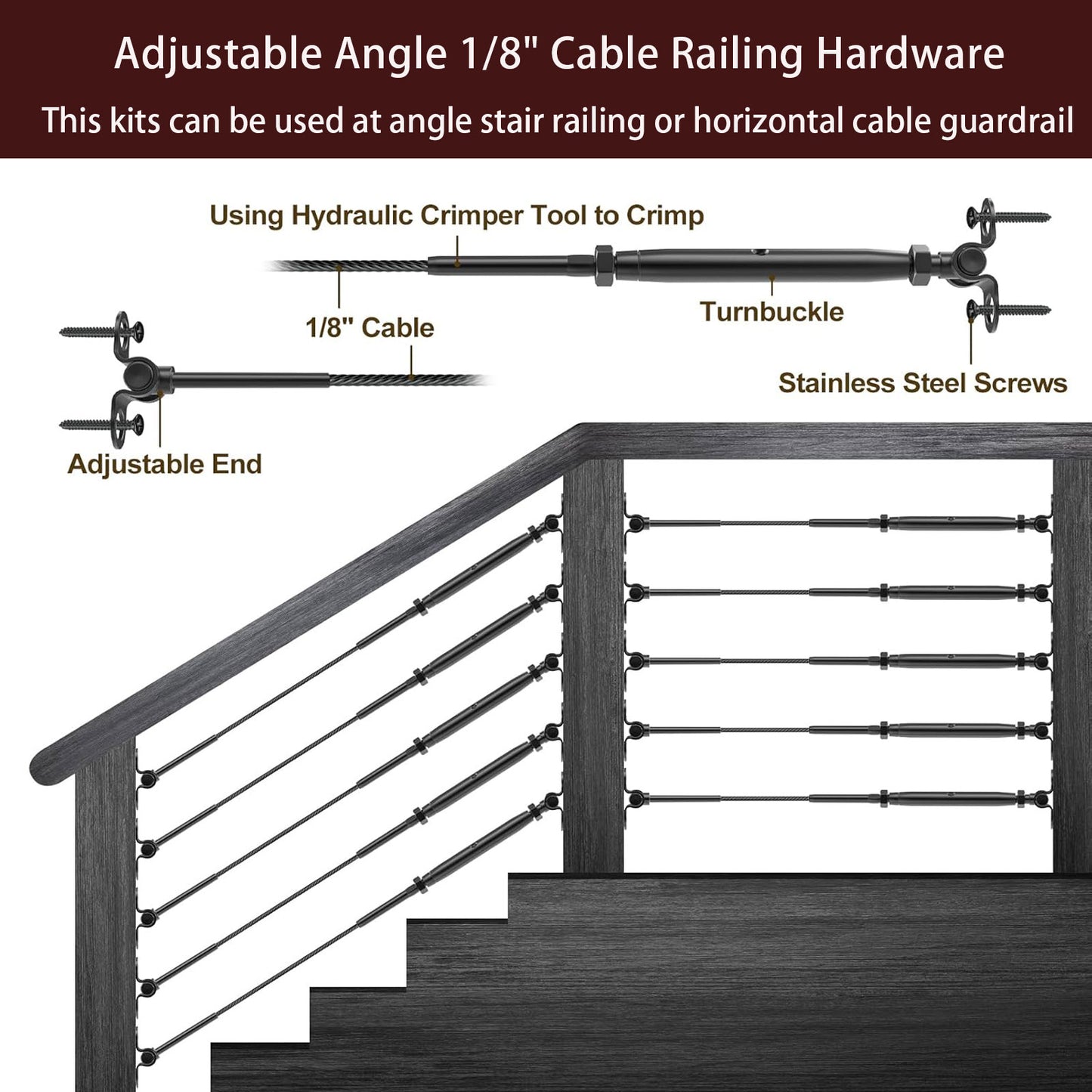 Cablura 1/8" Black Cable Railing Kit with Swage Toggle Turnbuckle, T316 Stainless Steel for Wood Posts