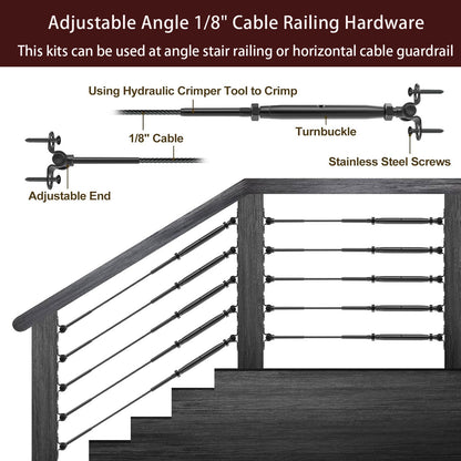 Cablura 1/8" Black Cable Railing Kit with Swage Toggle Turnbuckle, T316 Stainless Steel for Wood Posts