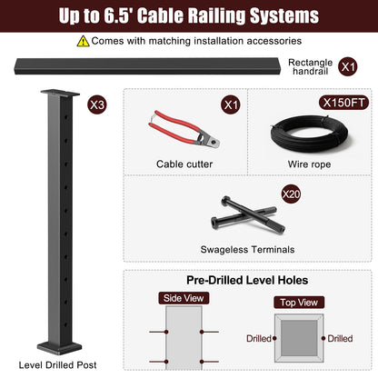 Cablura 36" Black Cable Railing Kit, 6.5ft Level Surface Mount DIY Complete System