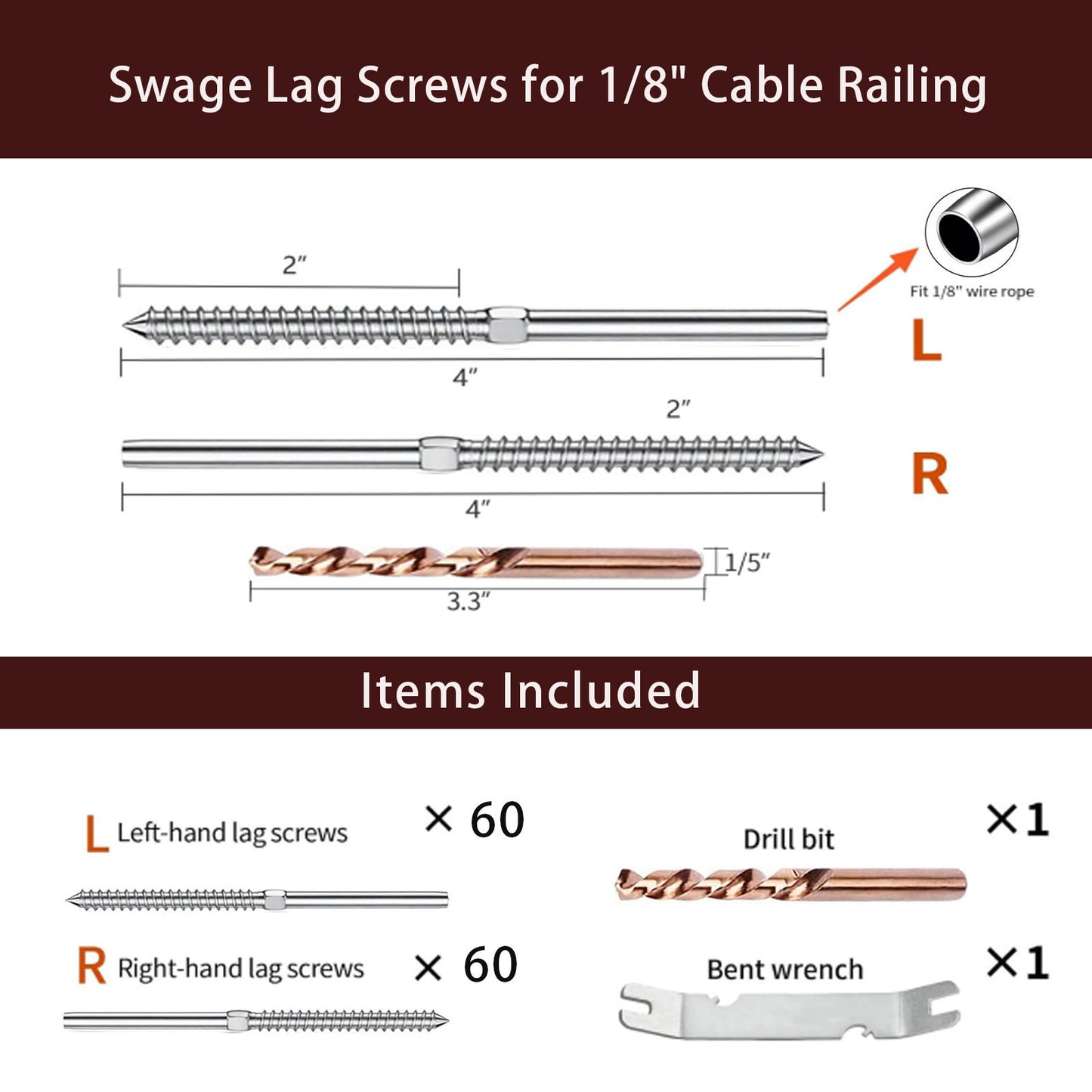 Cablura Swage Lag Screws for 1/8" Cable Railing