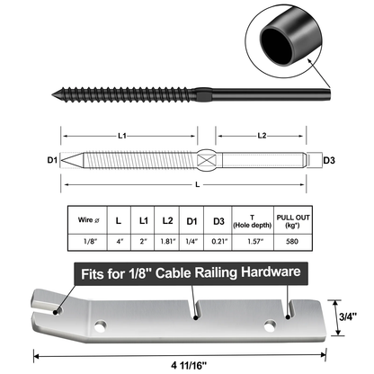 Cablura Black Swage Lag Screws for 1/8" Cable Railing