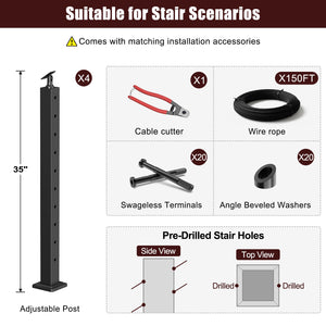 Cablura 36" Black Surface Mount Stair Cable Railing System DIY Kit (12ft, No Handrail)