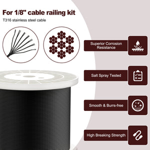 Cablura T316 1/8" Black Stainless Steel Wire Rope for Cable Railing